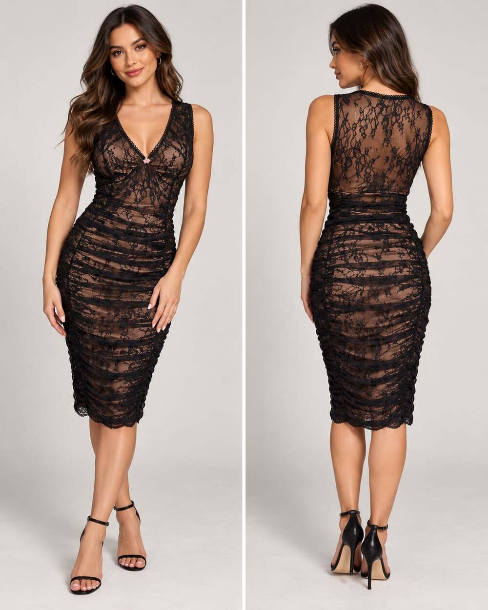 Monteau Los Angeles Black Lace Ruched Two-Piece Set Dress